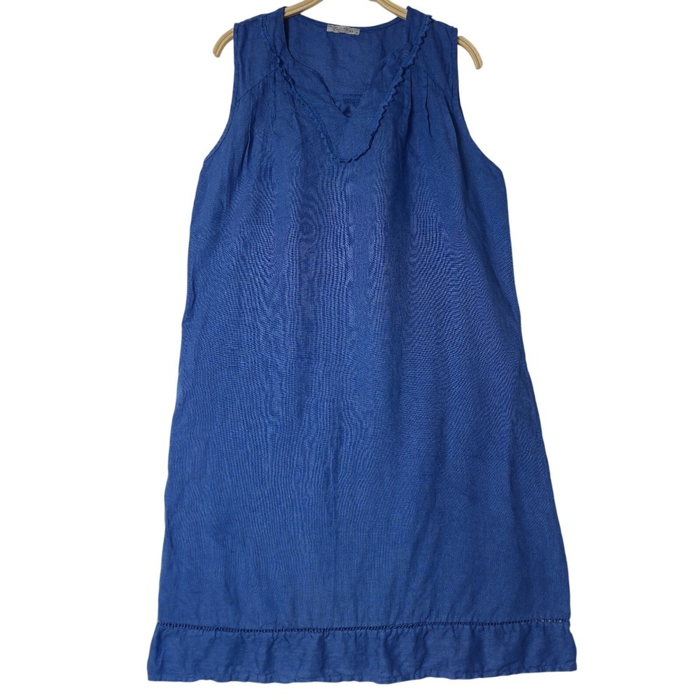 Elena Baldi Sleeveless Vneck 100% Linen Shift Dress Blue Size Medium NICE!